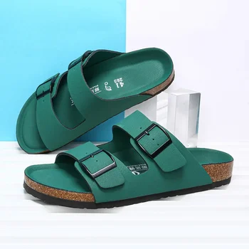 Модные зеленые летние пробковые тапочки унисекс, дышащие повседневные пляжные сандалии, легкие пробковые тапочки, Размер 35-46