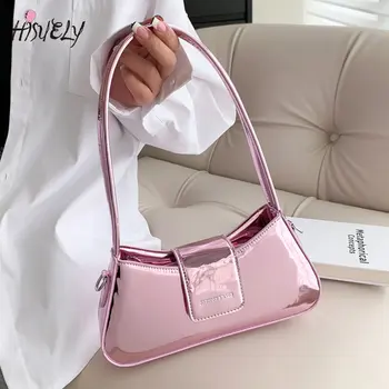 Маленькие розовые сумки через плечо для женщин Весна 2023 Дизайнерские серебристые трендовые сумки Качественная кожа подмышками Женские однотонные золотые