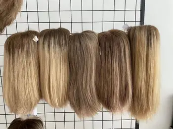 16-дюймовый Еврейский парик Европейские натуральные человеческие волосы Swiss Invisible HD Кружевные передние парики Balayage Подчеркивает Обесцвеченные узлы Детские волосы