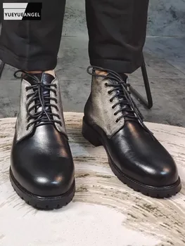 Лоскутное полотно, короткие ботинки из натуральной кожи, мужские рабочие ботинки-карго на шнуровке с круглым носком, винтажные мотоциклетные ботинки, мужские ботинки