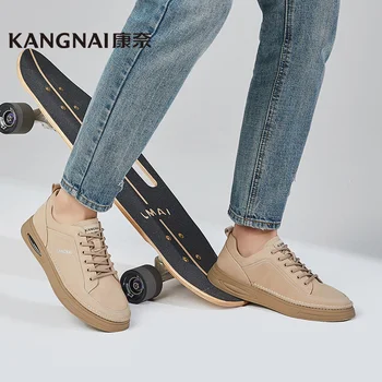 Мужская обувь Kangnai, повседневная обувь из натуральной кожи на шнуровке, скейтборд на плоской подошве, удобные уличные мужские кроссовки