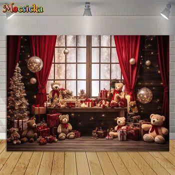 Рождественская игрушка Медведь Фон для фотосъемки, Зимнее окно, Красные шторы, Подарочный декор, День Рождения детей, Семейный портрет, Фоновая фотосессия.
