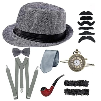 Гангстерский набор 1920-х годов, шляпа, скоба, галстук, трубка, Часы, Старик, Винтажные джентльмены-хиппи, Мужской костюм, Аксессуары для косплея, прямая поставка