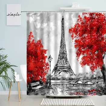 Занавеска для душа в стиле ретро Парижская башня, красное Дерево, мост, парк, природа, пейзаж, картина маслом, Тканевый принт, декор для ванной комнаты, Занавески для ванной