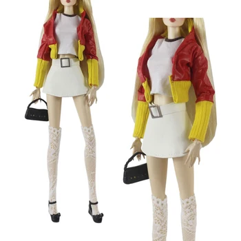 1 комплект кукольной одежды, Модная контрастная кожаная куртка, Короткая куртка, короткая юбка, костюм