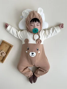 Прекрасный Медведь, детский комбинезон для младенцев, одежда для мальчиков и девочек, мультяшный Осенний Корейский комбинезон для новорожденных, праздничный комбинезон со шляпой