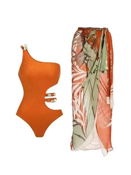 Сексуальный цельный купальник на одно плечо, модный вышитый бисером полый комплект бикини для женщин, однотонный пляжный наряд с высокой талией