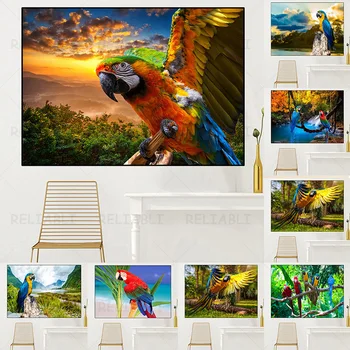 Животные, синие и желтые Попугайные перья Ара, картины на холсте, плакаты и принты, настенное искусство, домашний декор для гостиной Без рамки