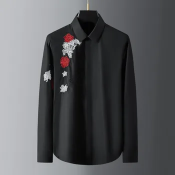 Роскошная Мужская рубашка с цветочной вышивкой, Весна 2024, Тонкие Повседневные деловые рубашки с длинным рукавом, блузка для светской вечеринки, мужская одежда