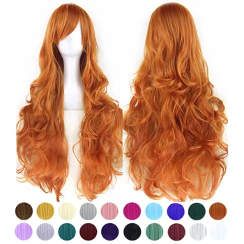 30 Цветов Длинных волнистых синтетических волос, оранжевый парик для косплея с челкой, красочные парики для костюмов на Хэллоуин для девочек