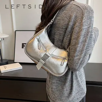 Серебряные наплечные сумки LEFTSIDE для женщин 2023 Y2K, маленькие сумки из искусственной кожи роскошного бренда, женские Корейские модные сумки через плечо, сумка через плечо