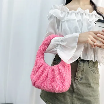 Женская милая дизайнерская сумка подмышками из мягкой искусственной шерсти ягненка простого цвета с карманом на молнии, пушистая сумка-тоут, зимняя сумочка-облако в корейском стиле