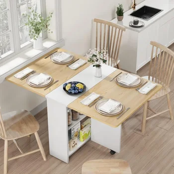 Компактный Складной обеденный стол с 2 ярусами для хранения-Выдвижные откидные створки Кухонные столы для столовой из дерева в фермерском доме, рассчитанные на 4 персоны