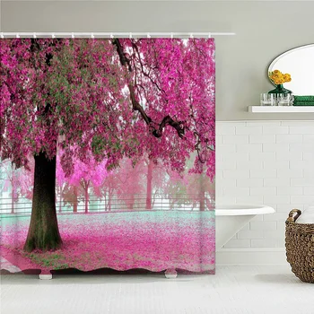 Розовое Большое Дерево, натуральный Лесной пейзаж, Водонепроницаемая занавеска для душа, Полиэфирная ткань, домашние занавески для ванной комнаты с 12 крючками