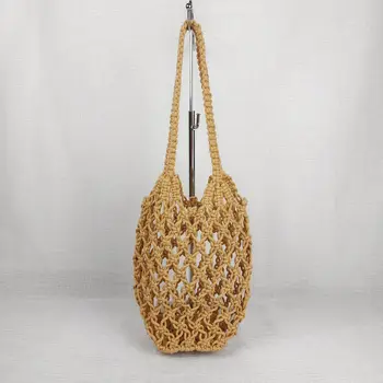 Винтажная Модная Открытая Льняная сумка, Плетеная из веревки, Ажурная сумка-мешок для отдыха на море, Женская большая сумка ручной работы через плечо