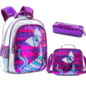 Рюкзак для девочек, 16-дюймовый школьный рюкзак с пайетками и ланч-боксом для учащихся начальной школы